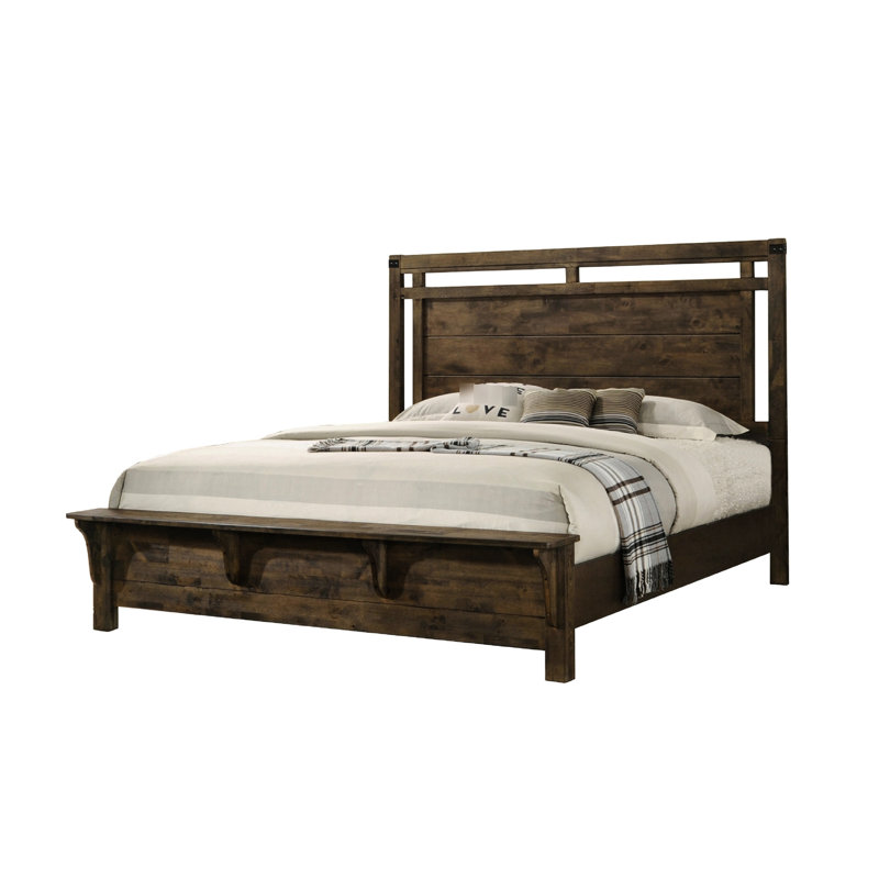 Grand lit rustique en bois massif brun rustique avec lit encastré et rails, bois, Vibe