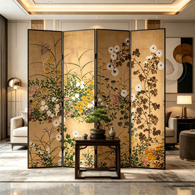 Paravent pliable en aluminium avec cadre en aluminium, imprimé floral de chrysanthème antique