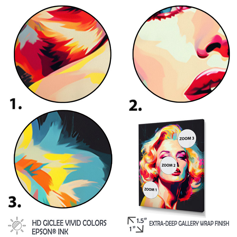Pop Art Marilyn en couleur - art mural moderne, salon, H 32 po x l 24 po x P 1 po, Cadre photo noir