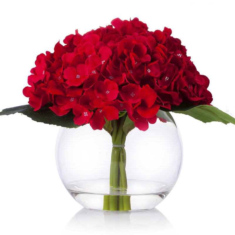 Arrangement floral hortensia en soie dans un vase, Rouge