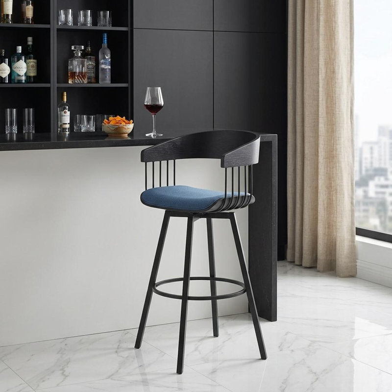 Tabouret rembourré Lynnox, Tabouret de bar (siège d'une hauteur de 31 po), Noir, Bleu