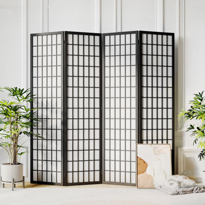  Room Divider Wall Shoji Screen, 4 Panels Folding Privacy Screen for Room Separation, Japanese Wood Room Divider Screen, 5.9 Ft, Black