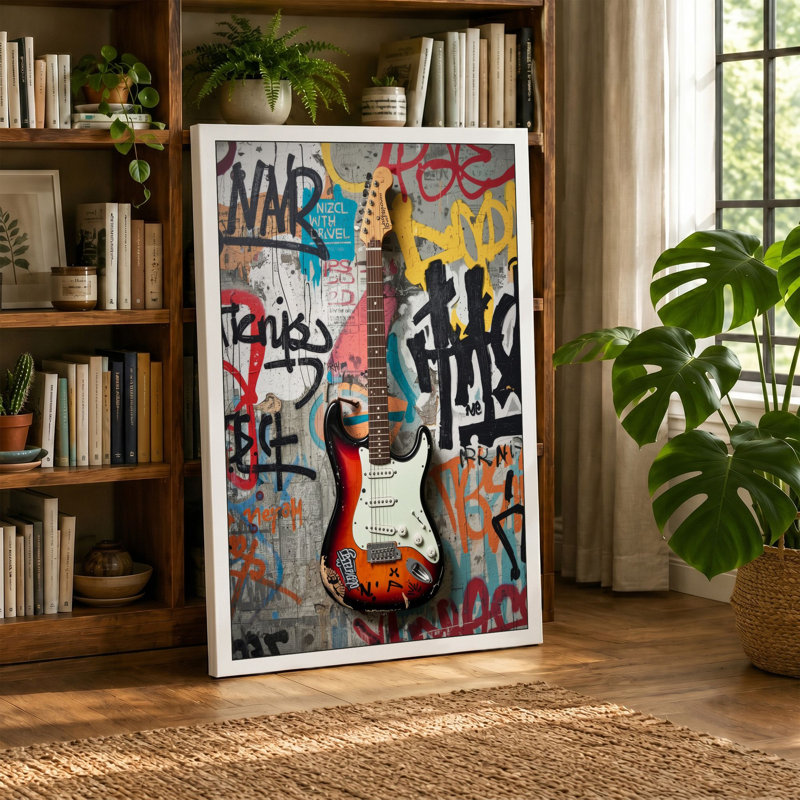 Sunburst Electric Guitar Urban Art - Wrapped Canvas, 36x24 - 91.4 x 61.0 cm, Terracotta Border