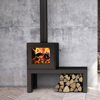 Image Of Curved Cast Iron Woodburner Contemporary Log Wood Burning Stove  Fireplace Mantle With Orange Fire Flames Burning And Generating Heat To  Warm Up Room Instead Of Gas Boiler Central Heating Modern