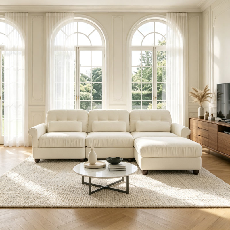 Canapé d'angle en chenille beige de 250 cm, pouf, coussin à volants et accoudoirs arrondis, Chenille beige