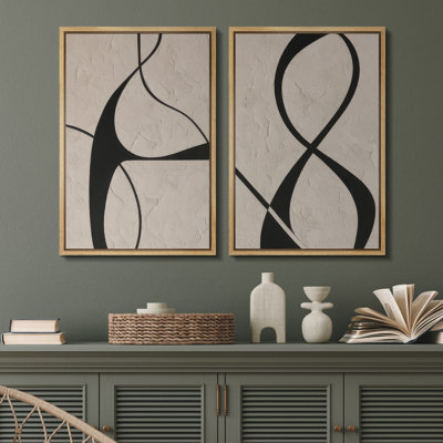 "NO TEXTURE PRINT" Black Line Abstract Curves on Beige Minimalist Design – Pictures Framed Canvas Print 2 Pieces Wall Art