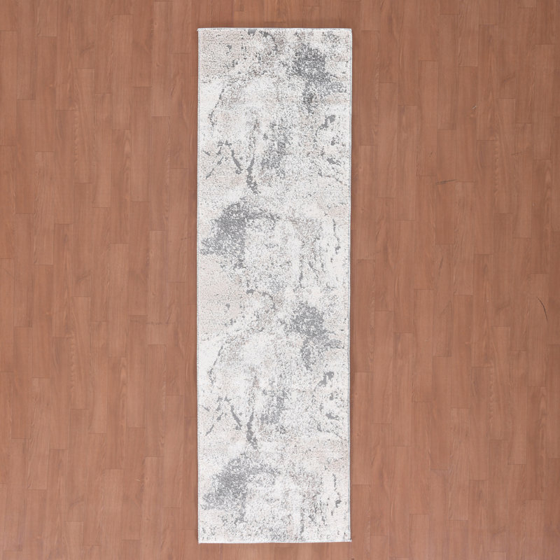 Tapis abstrait en polyester tissé à la machine crème, Tapis de couloir 2 pi 6 po x 8 pi