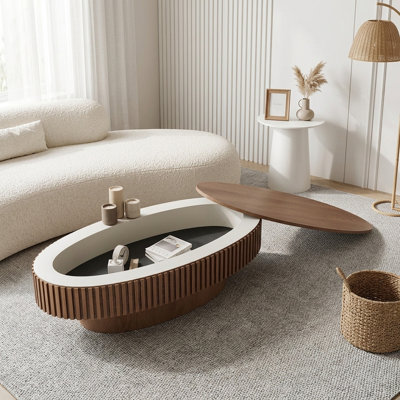 FFZ 47" Modern Oval Coffee Table with Covert Storage and Natural Wood Veneer
