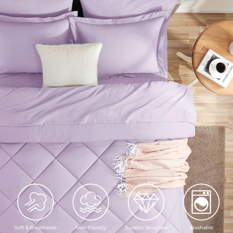 7-Piece Comforter Set, Microfiber, All Season Bed in a Bag – Light Purple, Queen, Queen Comforter + 6 Additional Pieces