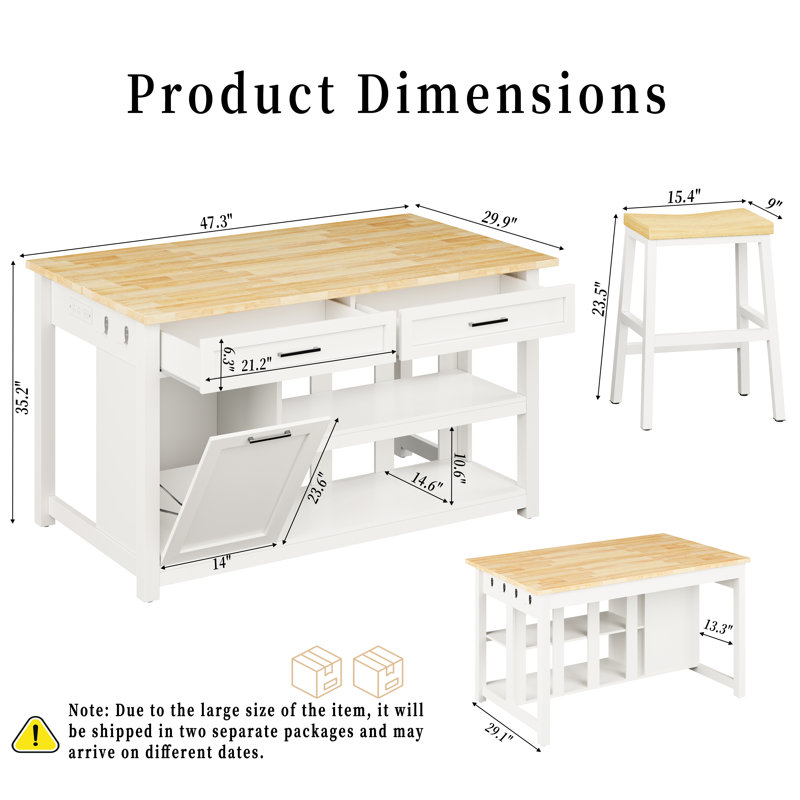 White Kitchen Island with Solid Wood Butcher Block Top, Power Outlet, 2 Bar Stools, Drawers, and Tilt-Out Trash Bin, White