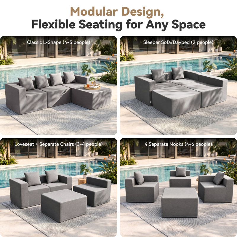 Canapé modulaire d'extérieur imperméable gris foncé QQ, 4-Piece Full Set