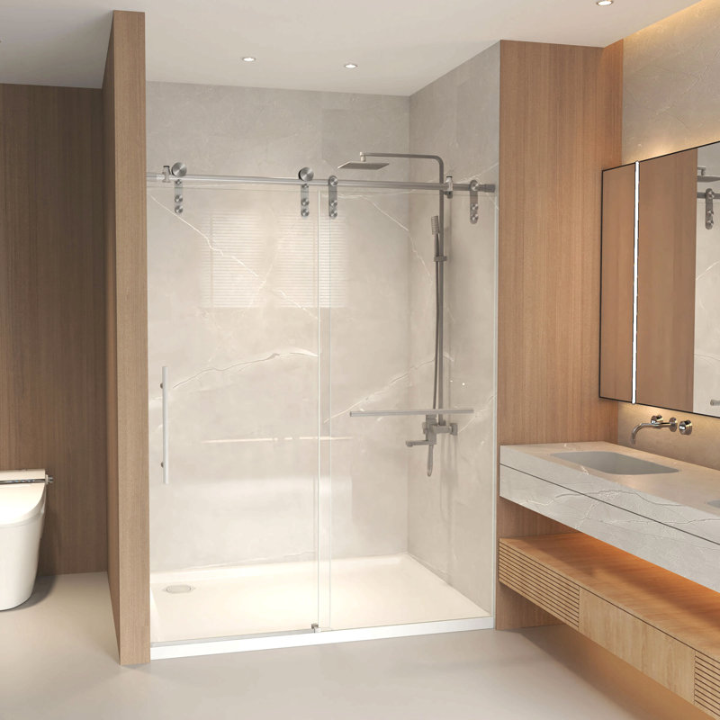 Porte de douche coulissante sans cadre H 56 à 60 po x 76 po, verre trempé transparent de 5/16 po (8 mm), structure en acier inoxydable, nickel brossé