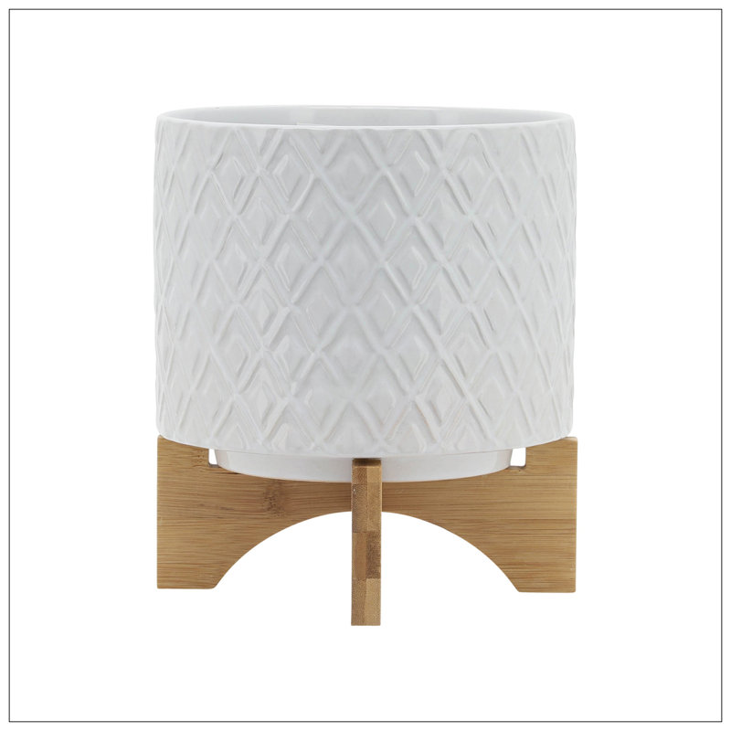8" DIAMOND PLANTER W/ STAND, WHITE