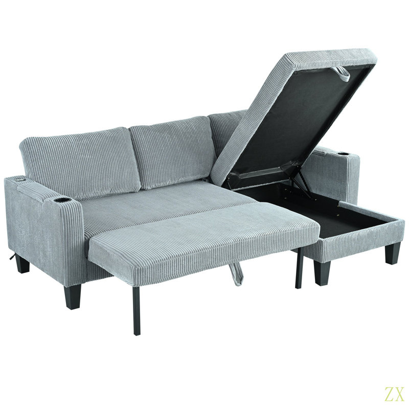 Reversible Sectional Sofa With Storage Chaise, Arm With Cup Holder,Storage And USB Ports , Modern Corduroy Fabric Sleeper Sofa L-Shaped Couch For Living Room, Bedroom, Apartment,Office