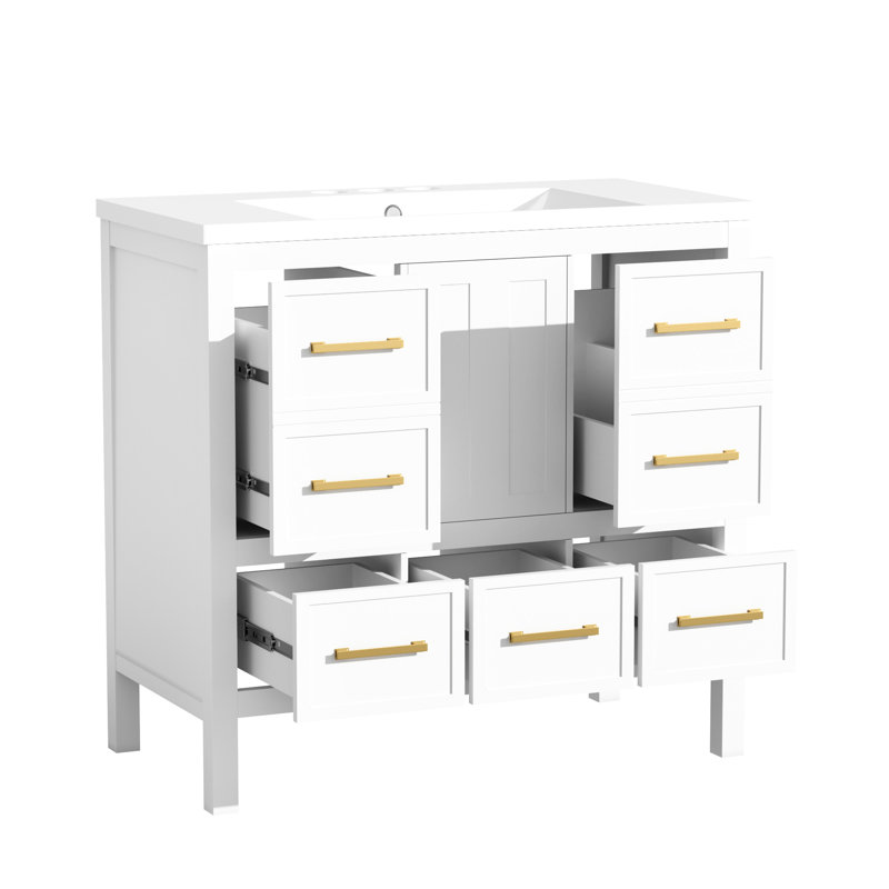 Meuble-lavabo 72 po, structure en bois massif, lavabo en résine, cinq tiroirs, deux armoires, assemblage facile, meuble-lavabo autoportant de haute qualité, bois, rangement polyvalent,
