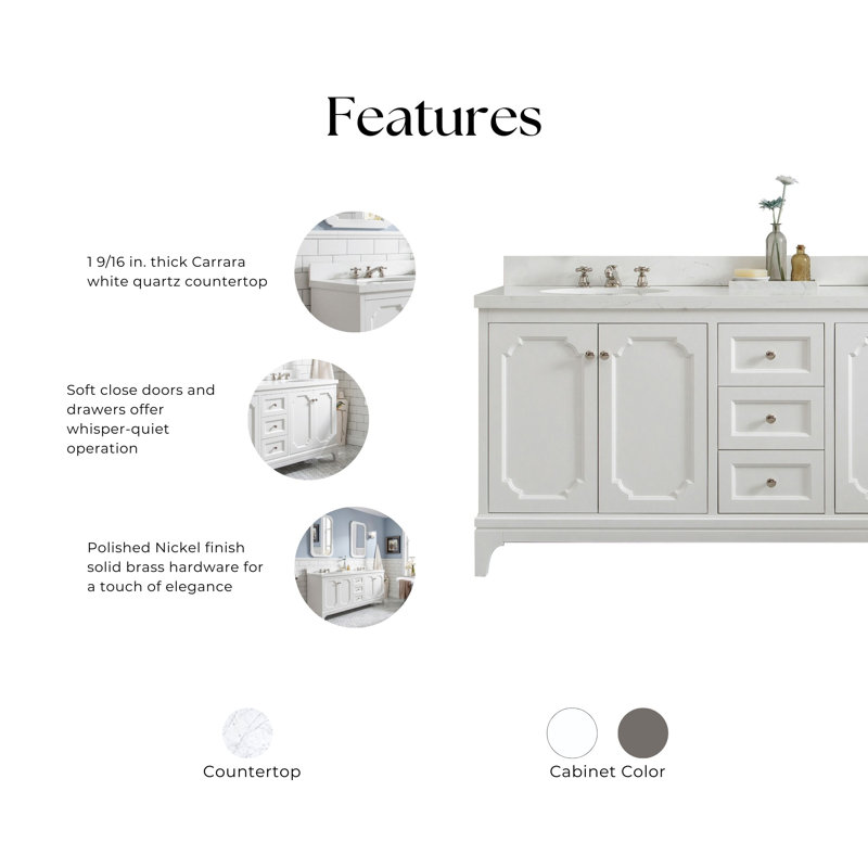 Bernardo Queen 72" Sink Carrara Quartz Countertop Bath Vanity with Faucet, Hook, Pure White