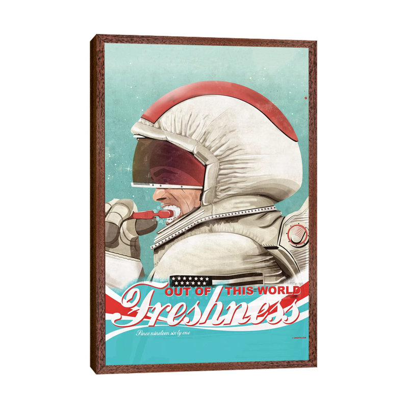 Spaceman Brushing Their Teeth - Painting on Canvas, Classic Brown Wood Framed, 66.04 cm H x 45.72 cm W