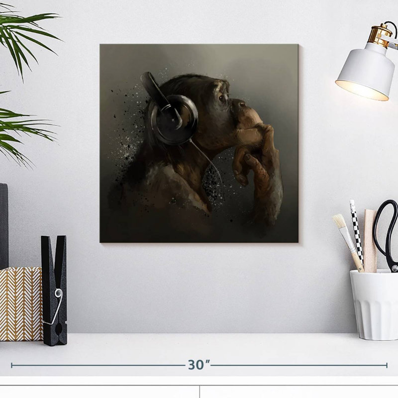 Chimpanzé Crowle avec casque d'écoute, H 16 po x l 16 po