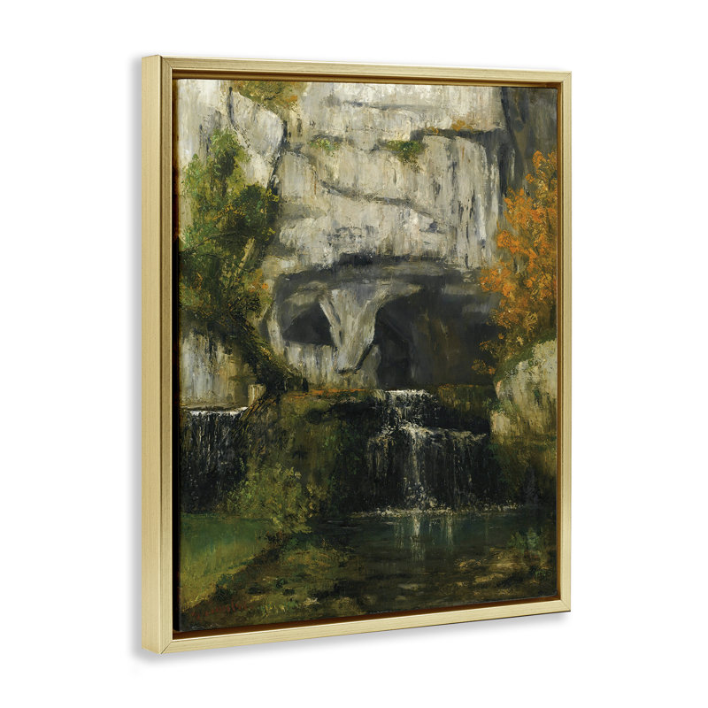 "Classic Courbet Waterfall", encadrée par Floater, H 31 po x l 25 po, Cadre flottant métallique doré
