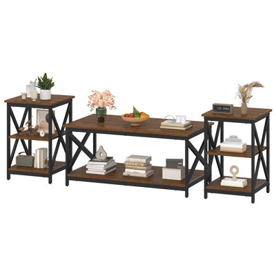 Living Room Coffee Table Set of 3, Industrial X-Design Coffee Table and 2 End Side Tables, 3 Piece Living Room Table Set with Large Storage for Apartment Home