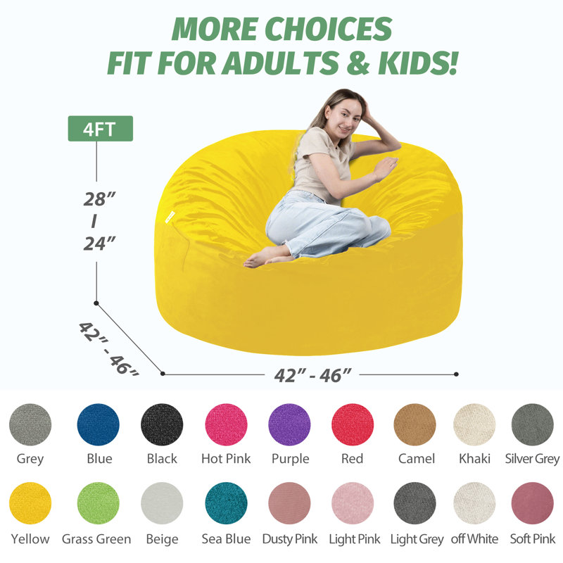 7ft Pre-filled Memory Foam Bean Bag Chair, Yellow, 30" H x 56" W x 56" D