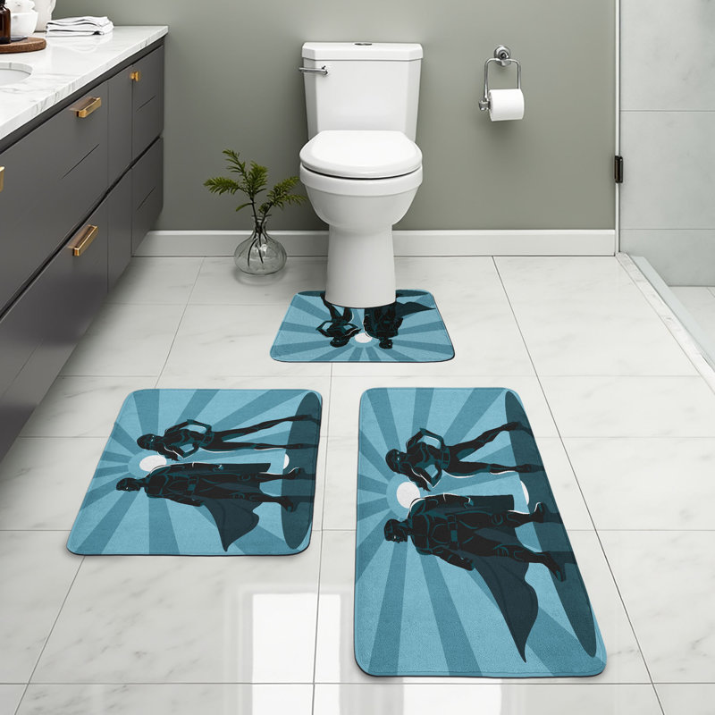  Ensemble de tapis de salle de bain Superhero 3 pièces en U et tapis rectangulaires bleu sarcelle