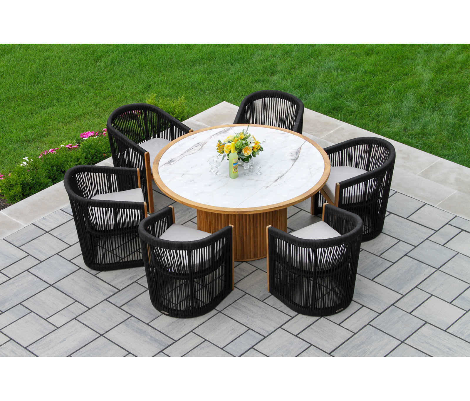 Aniston 60'' Round 6-Person Outdoor Dining Set with Sunbrella® Cushions, Ivory