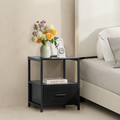 Bedside Table with 1 Drawers, Modern End Side Table with Storage Shelves, Metal Frame Nightstand for Bedroom, Living Room