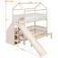 Lit superposé en bois en forme de maison avec glissière et escalier de rangement, cadre de lit simple / simple / double, beige et blanc-1666006002