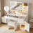 Terical Makeup Vanity with Glass Table and Charging Station, Vanity Table with Lighted Mirror, Drawers and Cabinet for Bedroom