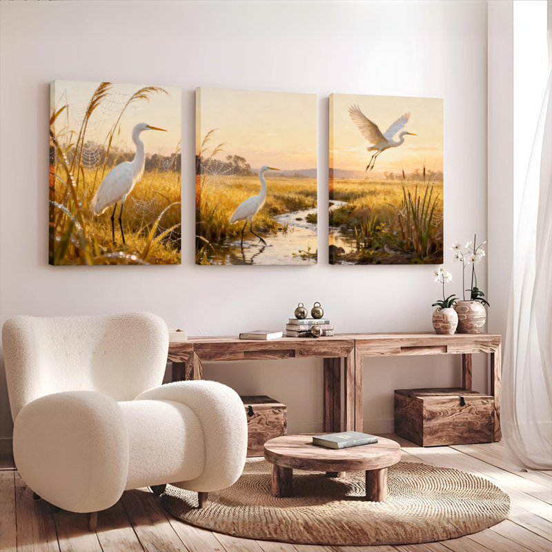 Ensemble de 3 tableaux sur toile tendue représentant un héron blanc dans un paysage de marais doré, 36" H x 72" W