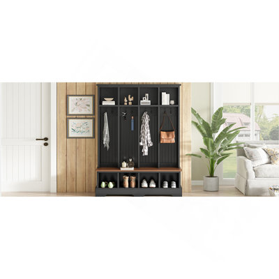 Arbre d'entrée l 59 po Farmhouse avec 8 crochets, banc d'entrée pratique avec compartiments ouverts, porte-manteau moderne en bois 3-en-1 et porte-chaussures de style moderne 76,7 po H pour vestibule, salon, noir