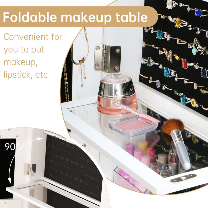 360° Rotating Jewelry Armoire with Full Length Mirror, LED Lighted Vanity Station with Foldable Shelf, White