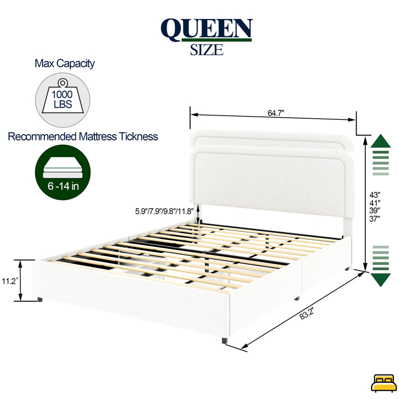 Lit plateforme tapissier à 2 tiroirs avec grand lit, tête de lit capitonnée surpiquée, support de matelas à lattes en bois, aucun sommier requis