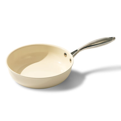Poêle à frire antiadhésive UUKRAVE pour l'induction, poêle saine et non toxique, poêle en céramique de 9,5 po pour la cuisson, poignée en acier inoxydable, compatible avec tous les poêles, sans PFAS, crème