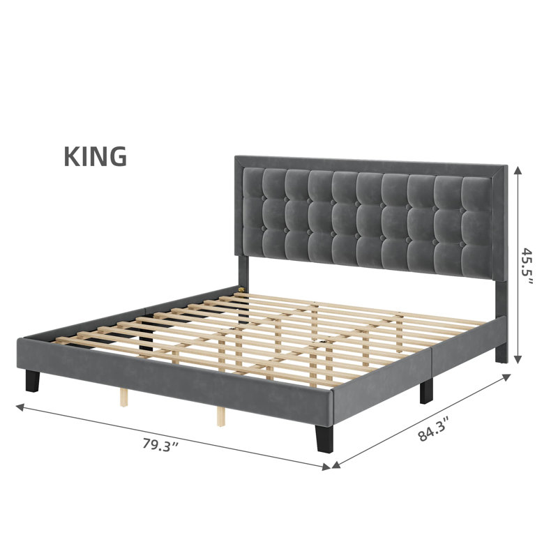 Très grand lit plateforme avec tête de lit et pied de lit, sommier, Gris