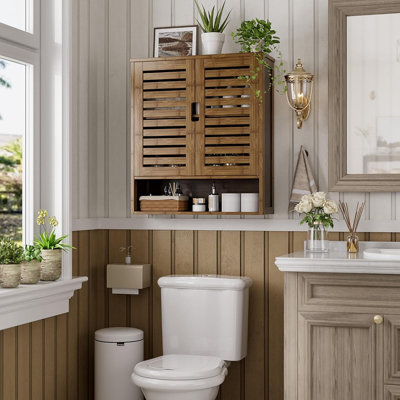 Walnut Bamboo Wall Cabinet – Bathroom Medicine Cabinet With 2 Doors & Adjustable Shelves