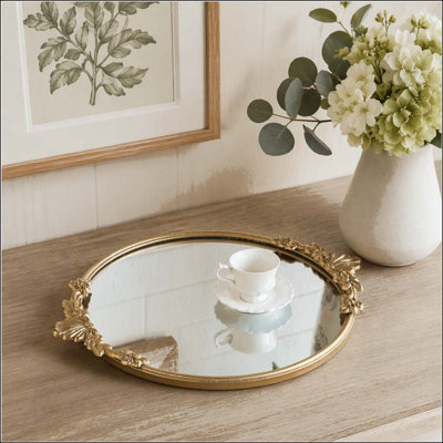 Round Mirror Tray with Gold Iron Frame and Floral Accents