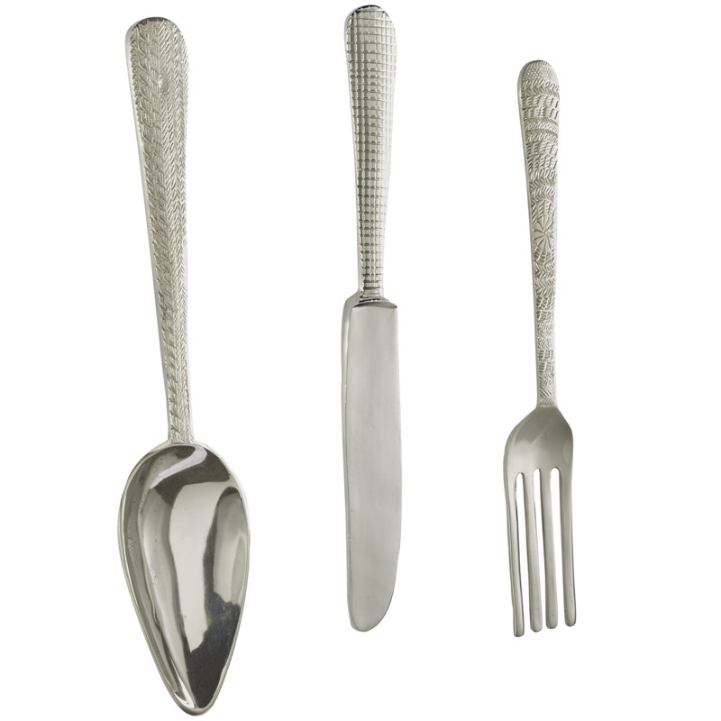 Aluminum Metal Knife, Spoon and Fork Utensils Gold Wall Decor Set, Silver