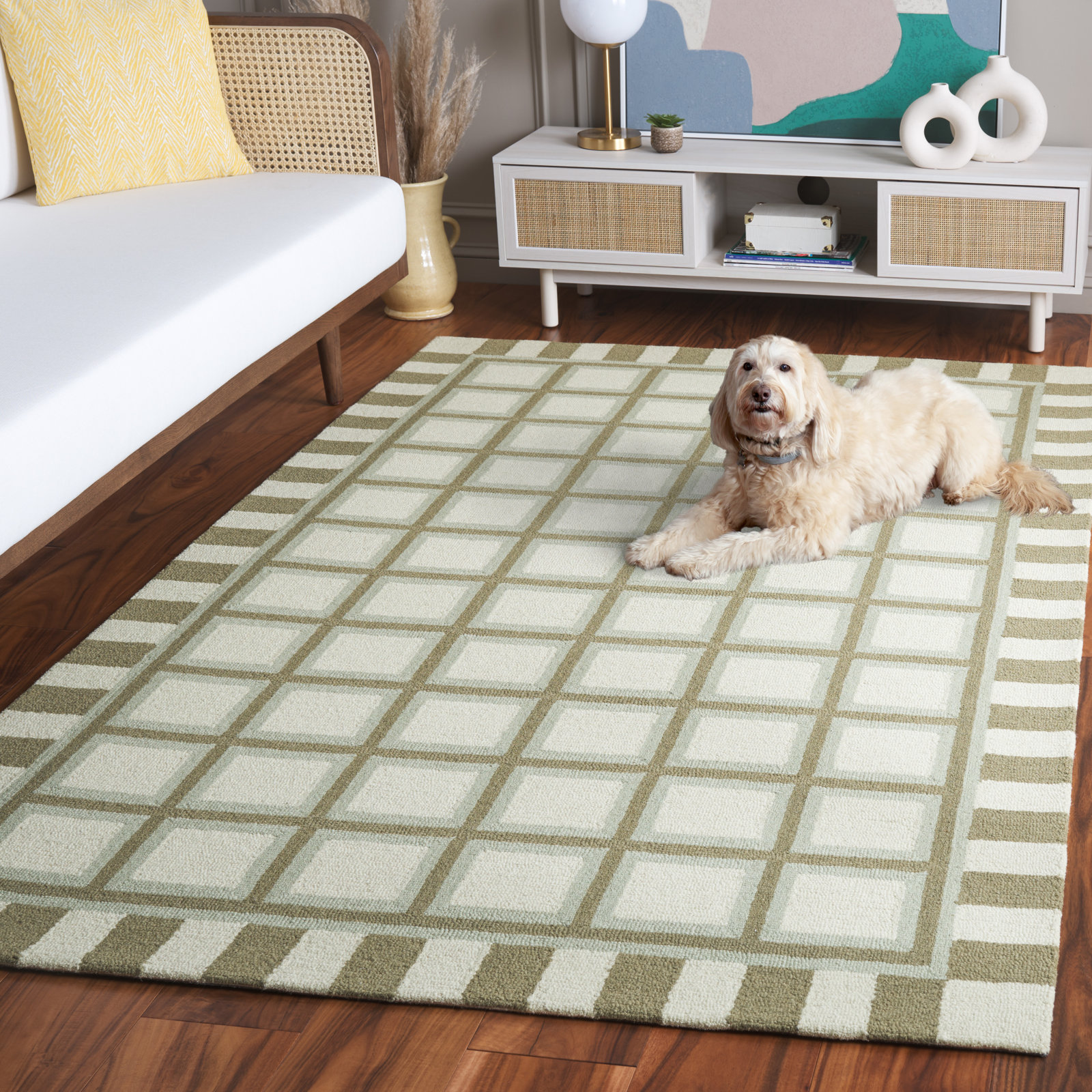 Green Ivory Hand-Tufted Wool Geometric Rug, Rectangle 5' x 8'