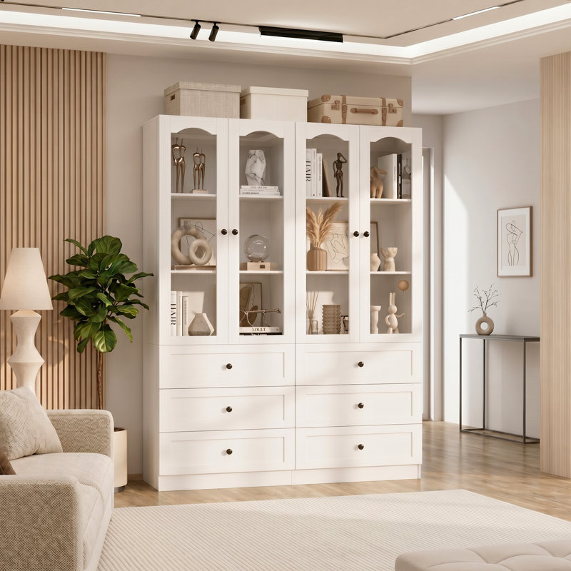 Armoire avec tiroirs en bois, armoire avec porte en verre, White