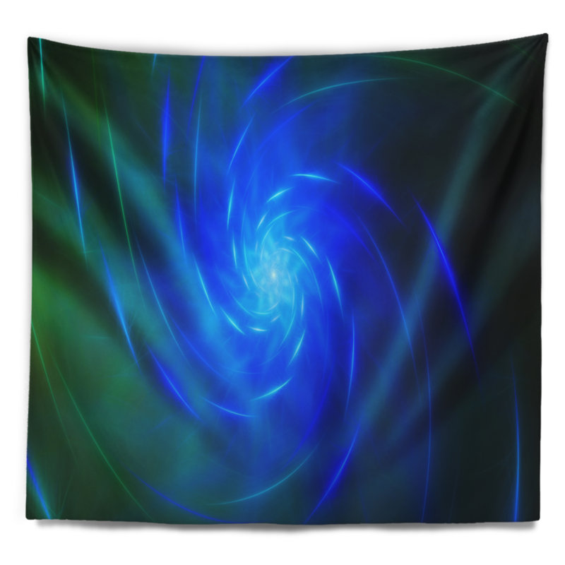 Tapisserie abstraite bleue à motif fractal et tourbillon, H 32 po x l 39 po