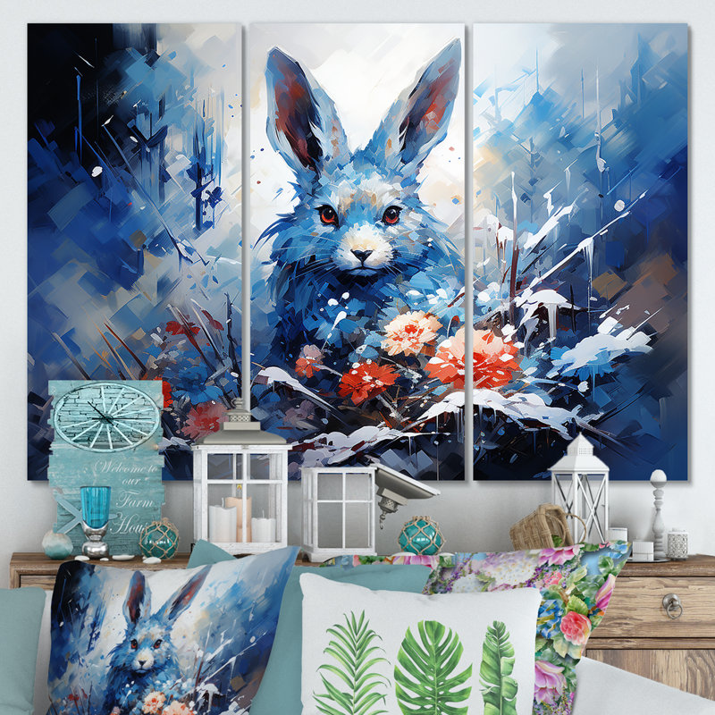 «Blue Rabbit Winter Solitude - Lapin», art mural, H 28 po x l 36 po, Toile tendue