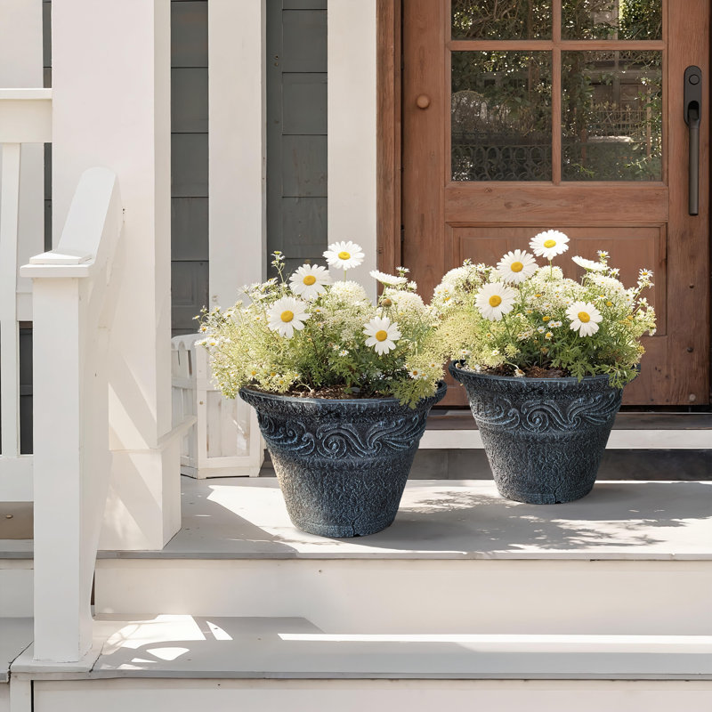 Two-piece Set Of Flower Pots With Classical Relief, Blue