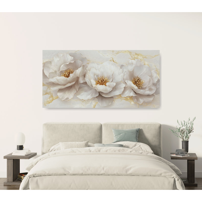 Grand art mural floral sur toile, décor de chambre à coucher moderne neutre, pivoine, H 24 po x l 48 po x P 1,5 po