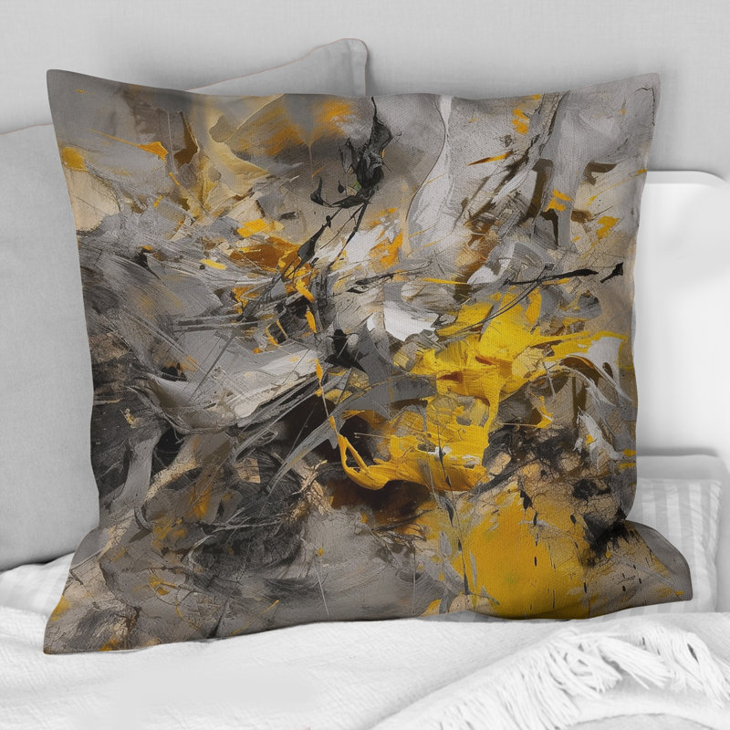 Coussin Bliss Of Happiness en gris et jaune I - Abstract Collages, 16" x 16"