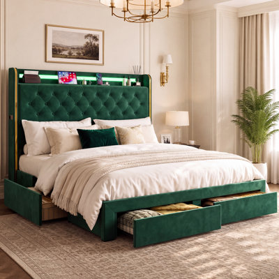 49.2" Tall King Size Bed Frame With 4 Storage Drawers, Velvet Upholstered Platform Bed With Wingback Storage Headboard, Led Lights & Charging Station, No Box Spring Needed, Noise Free, Light Green