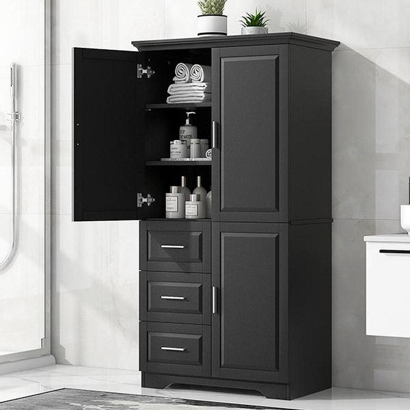 Tall And Wide Storage Cabinet With Doors For Bathroom/Office, Three Drawers, Black, Black