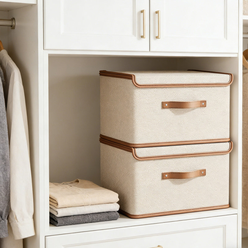 2Pcs Large Fabric Storage Bins with Lid，Stackable Storage Bins with Leather Handles, Decorative Storage Boxes with Lids for Bedroom, Closet, Nursery, Office，Set of 2