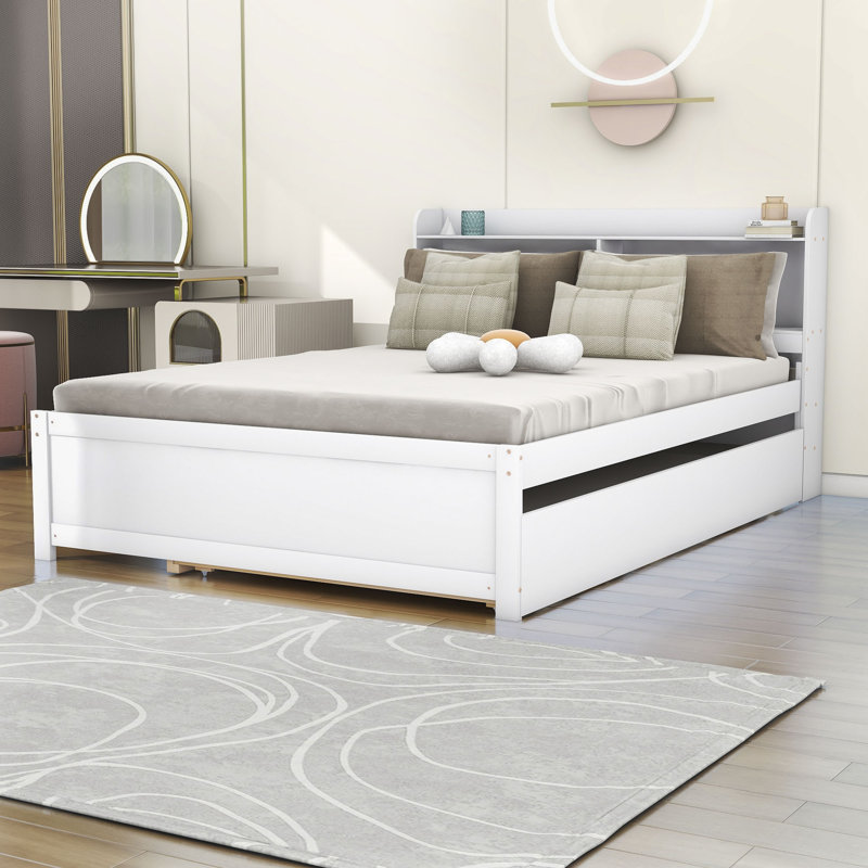 Lit plateforme en bois avec lit gigogne et tablettes, Double, Blanc